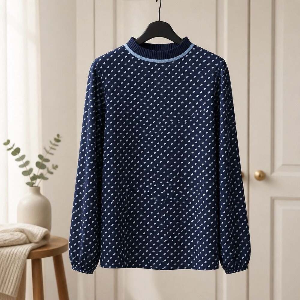 Talbots Plus Size 2X Navy Blue Polka Dot Pleated Neck Long Sleeve Blouse #419 - Picture 2 of 5